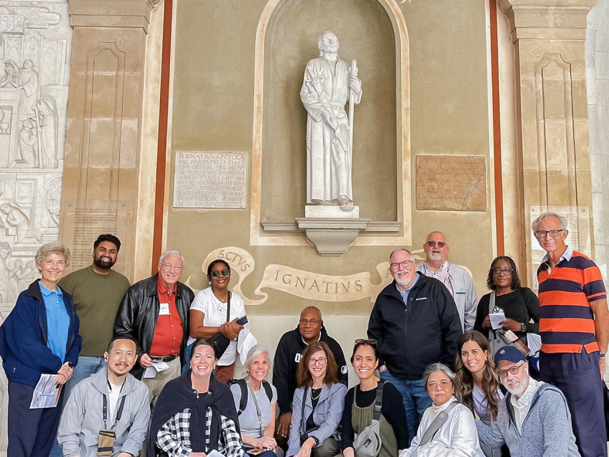 DMin students take a photo with a statue of St. Ignatius in Spain.